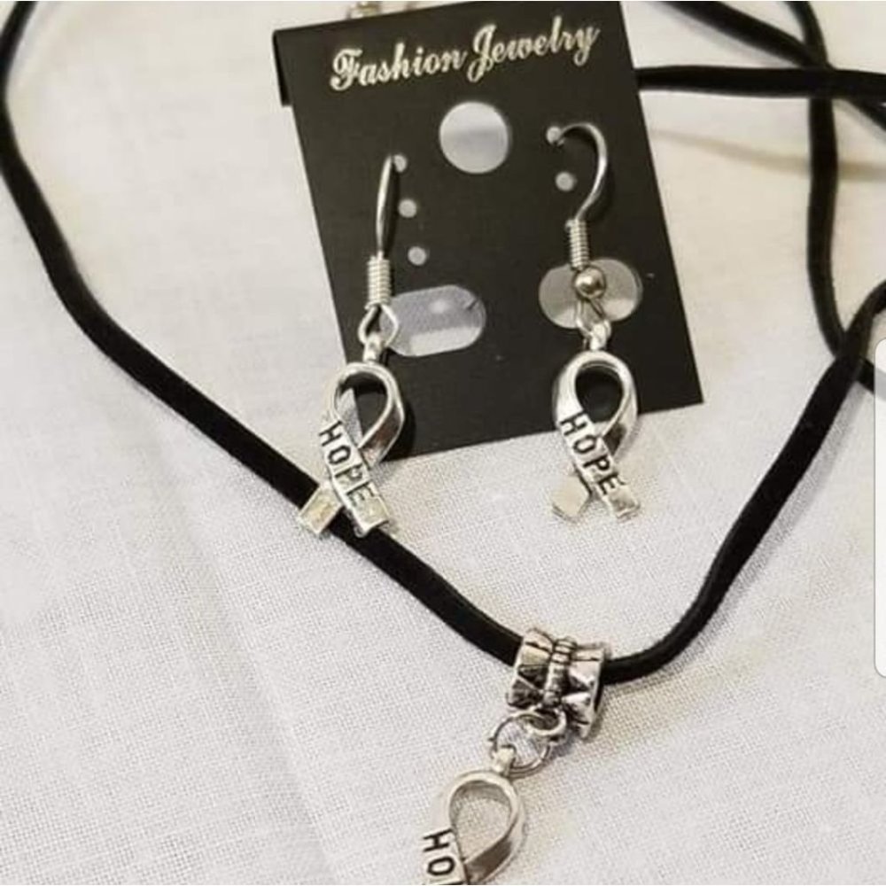 Breast Cancer Awareness Ribbon Earrings & Necklace Susan B New Set